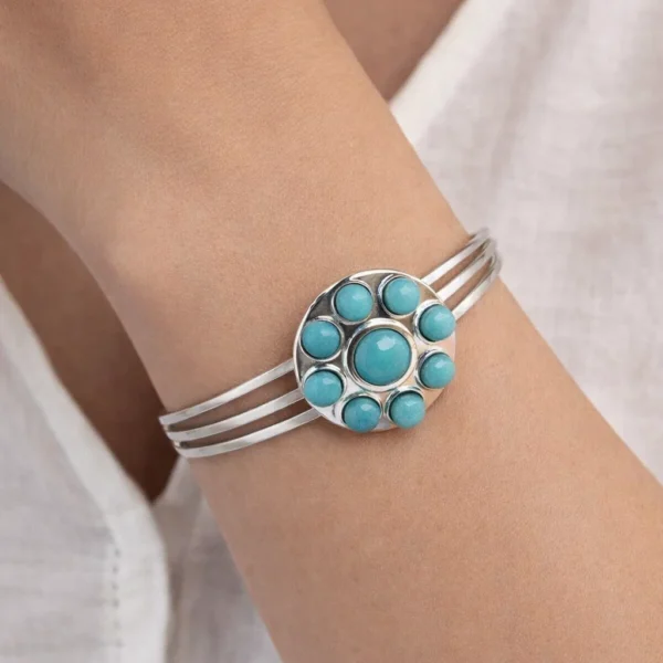 Βραχιόλι Cuff "Turquoise Flower" με Τριπλή Βέργα