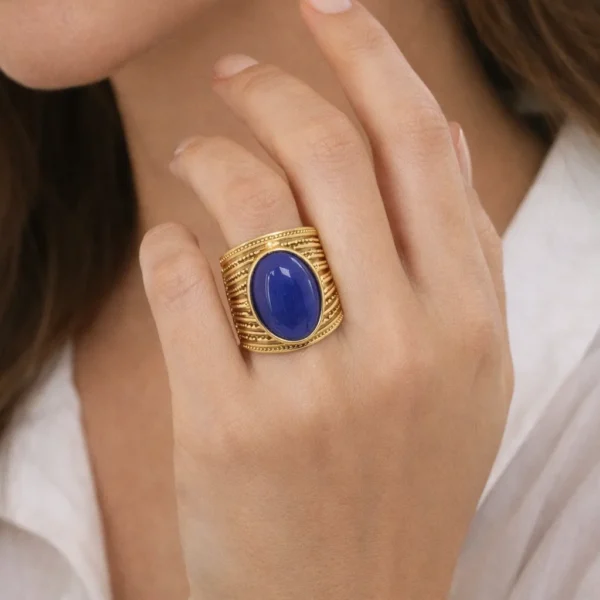 Χρυσό Ατσάλινο Δαχτυλίδι με Μπλε Πέτρα Lapis Lazuli