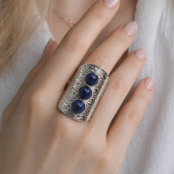 Ασημένιο Δαχτυλίδι Φαρδύ με Μπλε Πέτρες Lapis Lazuli από Ατσάλι 316L