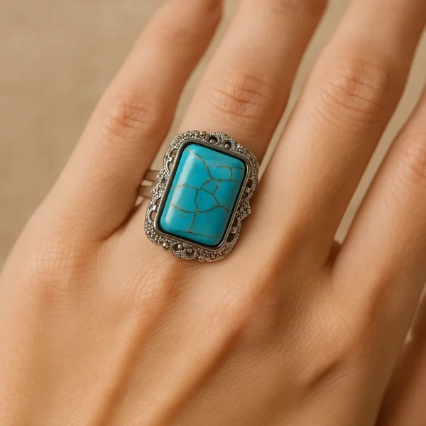 Vintage Ατσάλινο Δαχτυλίδι "Turquoise Empress" με Δαντελωτό Πλαίσιο