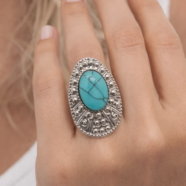 Statement Ατσάλινο Δαχτυλίδι "Turquoise Sunray" με Ανάγλυφες Λεπτομέρειες