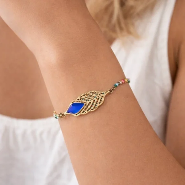 Boho Χρυσό Βραχιόλι με Φτερό και Μπλε Πέτρα από Ατσάλι 316L