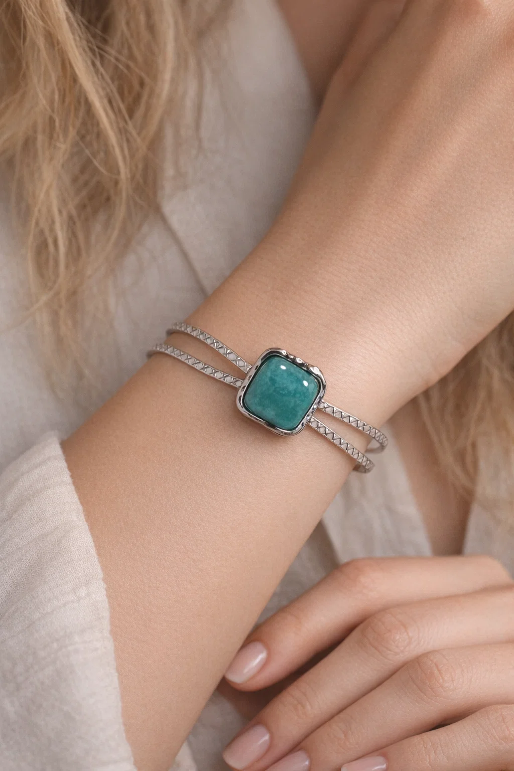 Vintage Ατσάλινο Βραχιόλι Cuff "Square Amazonite"