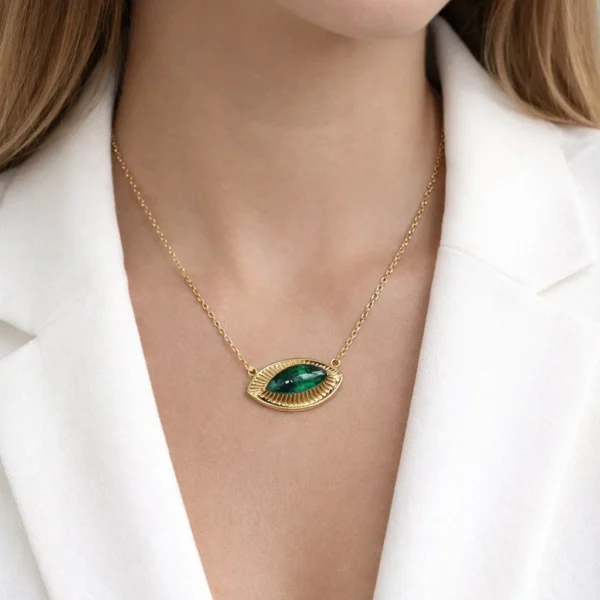 Χρυσό Κολιέ "Emerald Eye" από Ατσάλι 316L με Ακτινωτό Σχέδιο