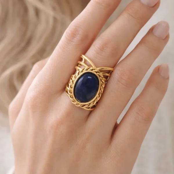 Vintage Χρυσό Ατσάλινο Δαχτυλίδι με Μπλέ Πέτρα Lapis Lazuli