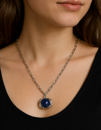 Ασημένιο Κολιέ με Μπλε Πέτρα Lapis Lazuli από Ατσάλι 316L