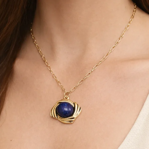 Vintage Χρυσό Κολιέ με Μπλε Πέτρα Lapis Lazuli σε Χρυσή Βάση