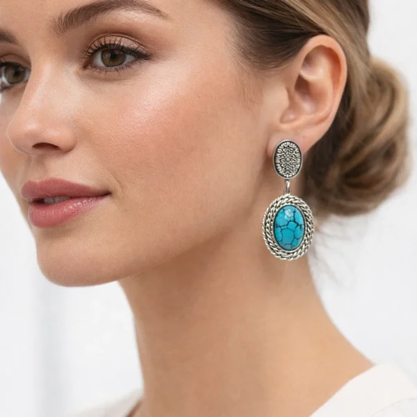 Boho Ασημί Σκουλαρίκια από Ατσάλι 316L με Μεγάλη Οβάλ Τυρκουάζ Πέτρα