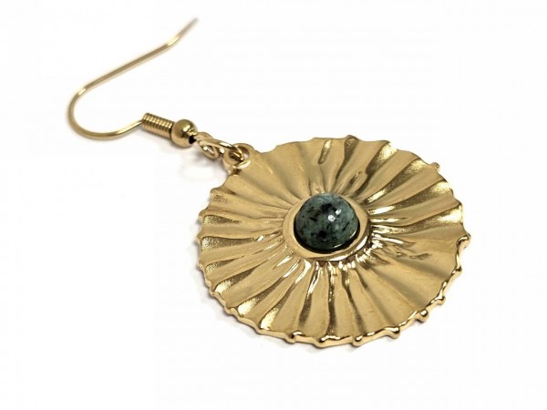 Χρυσά Κρεμαστά Σκουλαρίκια "Vintage Sunburst" με Πράσινη Πέτρα Μαλαχίτη από Ατσάλι 316L